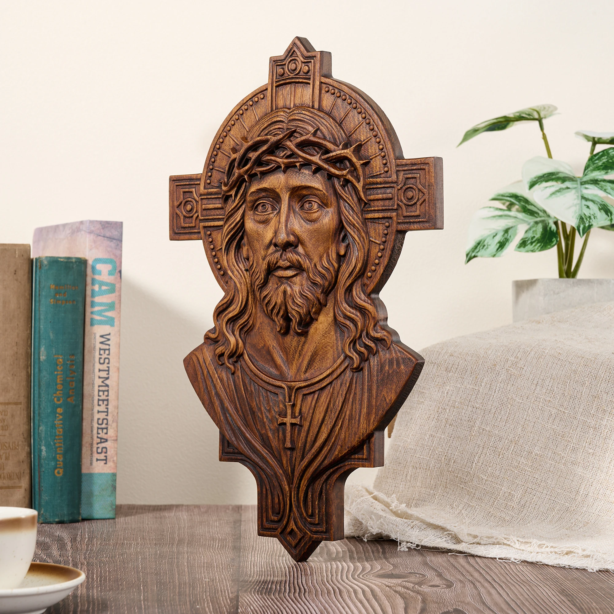 Jesus Half-Body Cross Statue - Jesus Christ Woodwork: Thorns Crown and Cross Halo | Sanctuary Blessing