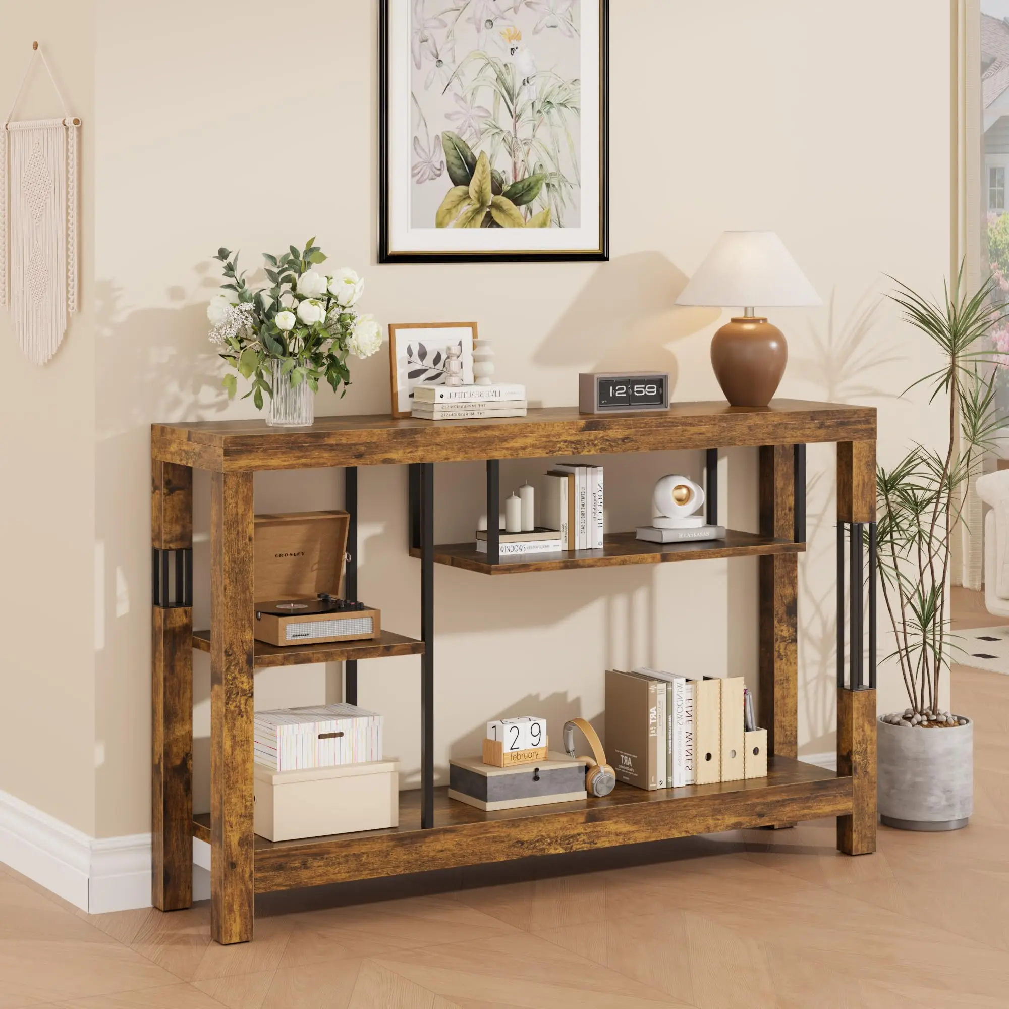 47 Inch Rustic Brown Console Table, Industrial Skinny Sofa Table With Metal Frame For Entryway Hallway Living Room Behind Couch Foyer