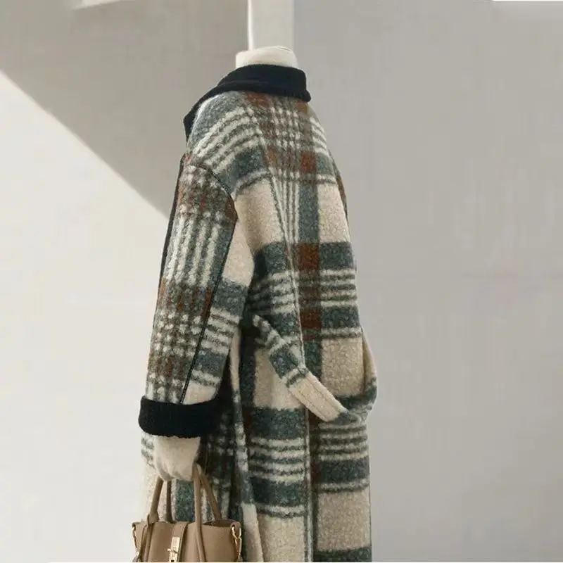 High End Retro Double-Sided Plaid Long Coat For Women In Autumn And Winter, Lambhair Lapel Splicing Loose Jacket