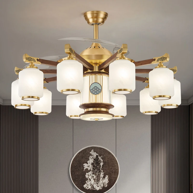 

All copper new Chinese invisible fan light living room ceiling fan light dining room copper and wood Chinese wind master