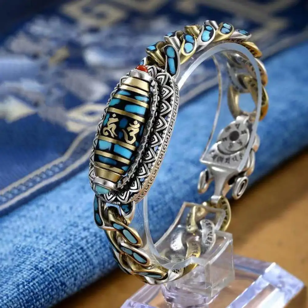 Faux Turquoise Six-character Mantras Nine-eyed Dzi Bead Bracelet Meditation Luck Amulet Bracelet for Men Women