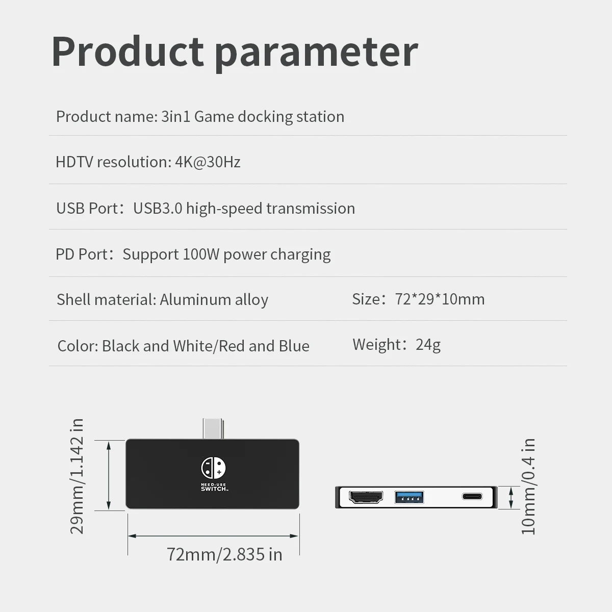 4K30Hz ฮับ3 in 1แบบแท่นวางมือถือพร้อม USB3.0 HDMI Pd 100W สำหรับแล็ปท็อปสวิตช์ iPad โทรศัพท์มือถือ