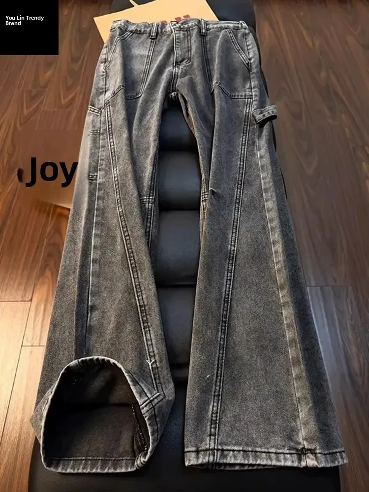 

American Retro Pleated Diagonal Cut Workwear Jeans Men's Winter Cleanfit Loose Straight Leg Micro Flared Pants