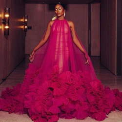 Stunning Fuchsia A-line Long Tulle Prom Dresses With Ruffle Trimmed Bottom Modest African Formal Party Dresses Maxi Gowns