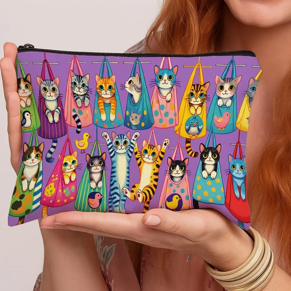 Ethnic Decorative Animal Ornament Print Makeup Bags Cat Colorful Vibrant Cultural Bold Cute Pattern Toiletries Bags