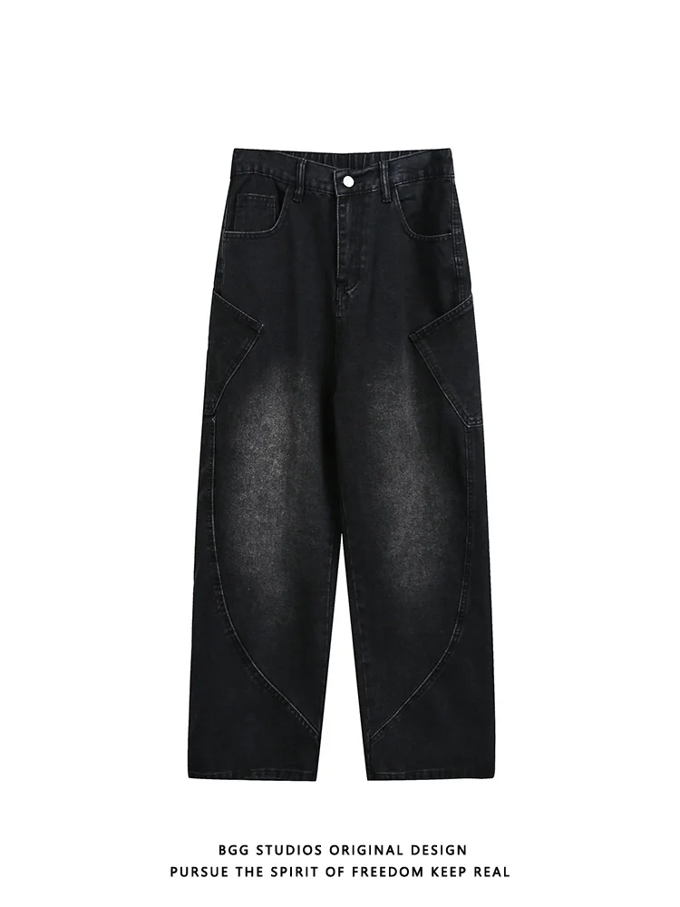 レトロアメリカンウェイドストレートレッグジーンズメンズサマートレンドルーズストリートカジュアルナイフパンツミッドウエストロングトラウザーズ