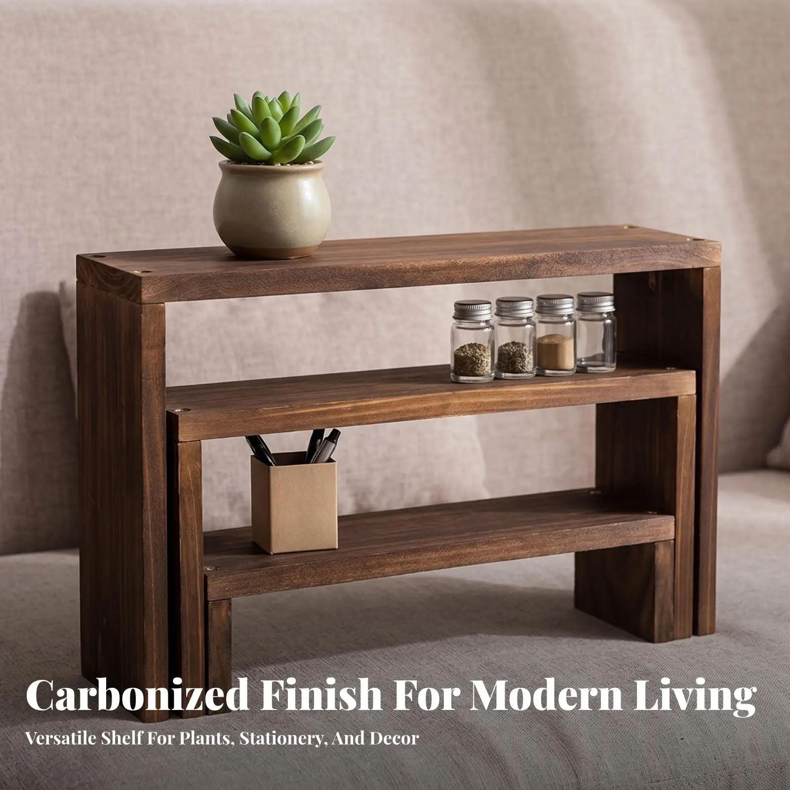Compact Solid Wood 3 Tier Stepped Shelf Organizer for Indoor Plant Stand Display Rack for Small Items on Desk Windowsill Counter