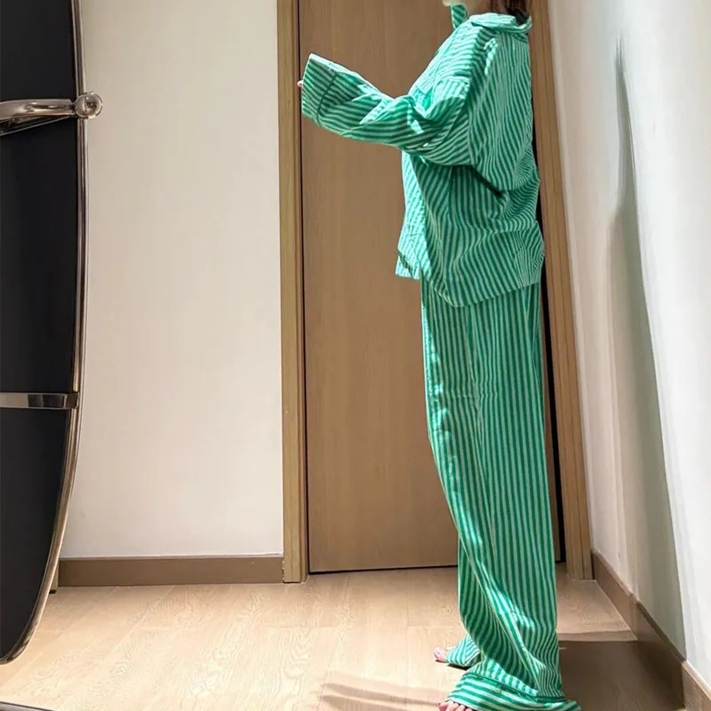 Women Oversize Stripe Pajamas Set Loose Long Sleeves Lapel Homewear 2 Pcs Shirt&pants Spring Autumn New Loungewear Sleepwear 5