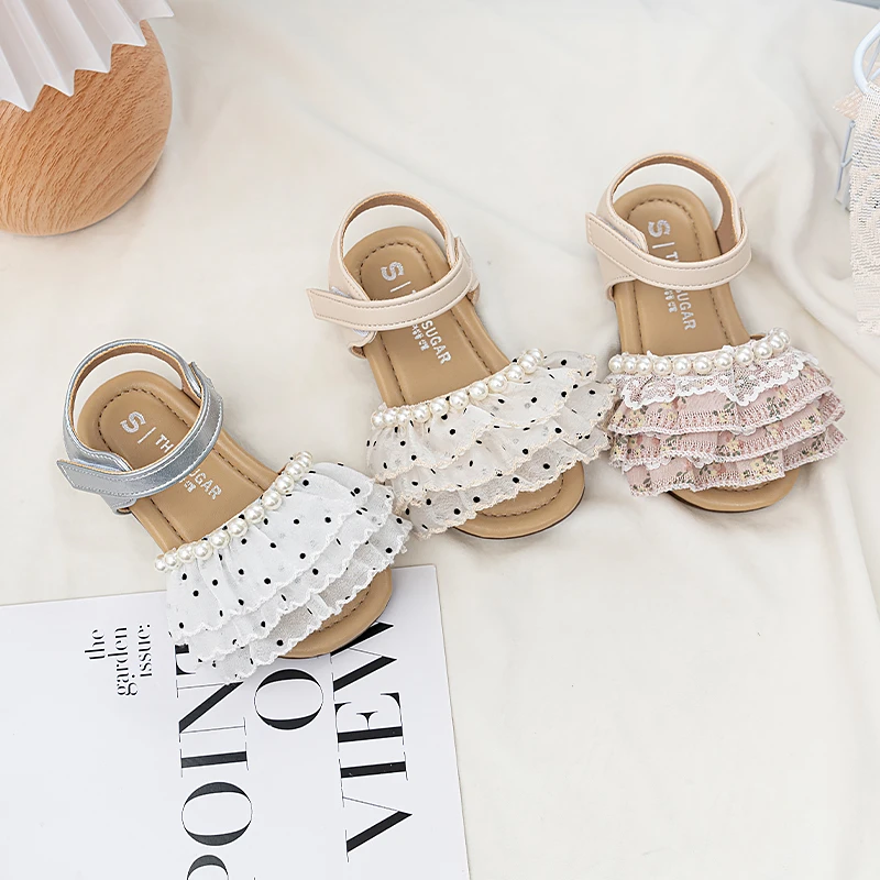 Girls Sandals Sweet Beading Korean Style Kids Princess Beach Shoes Open Toes Soft Sole 2026 Summer New Children Casual Shoes