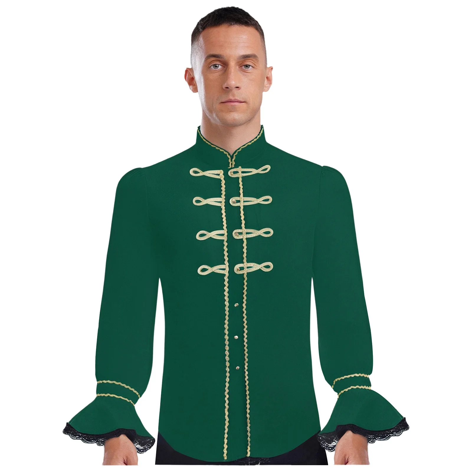 

Men Renaissance Steampunk Vintage Shirt Gothic Victorian Ruffled Blouse Shirt Long Sleeve Gold Trim Lace Shirt Carnival Party