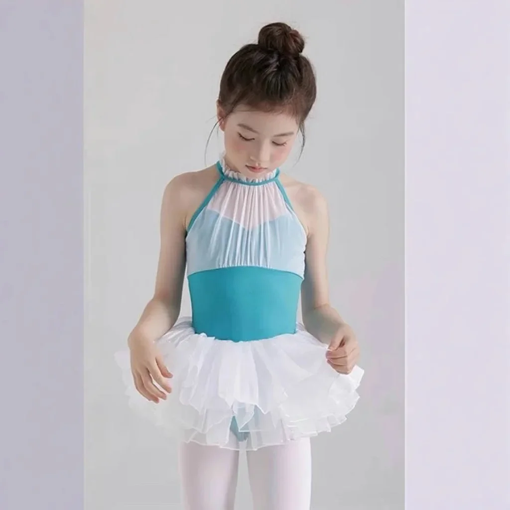 New Girl Dance Ballet Practice Clothes Dance Swimwear Gymnastics Leotards Neck-hanging Girls' Mesh Yarn Basic Training Outfits