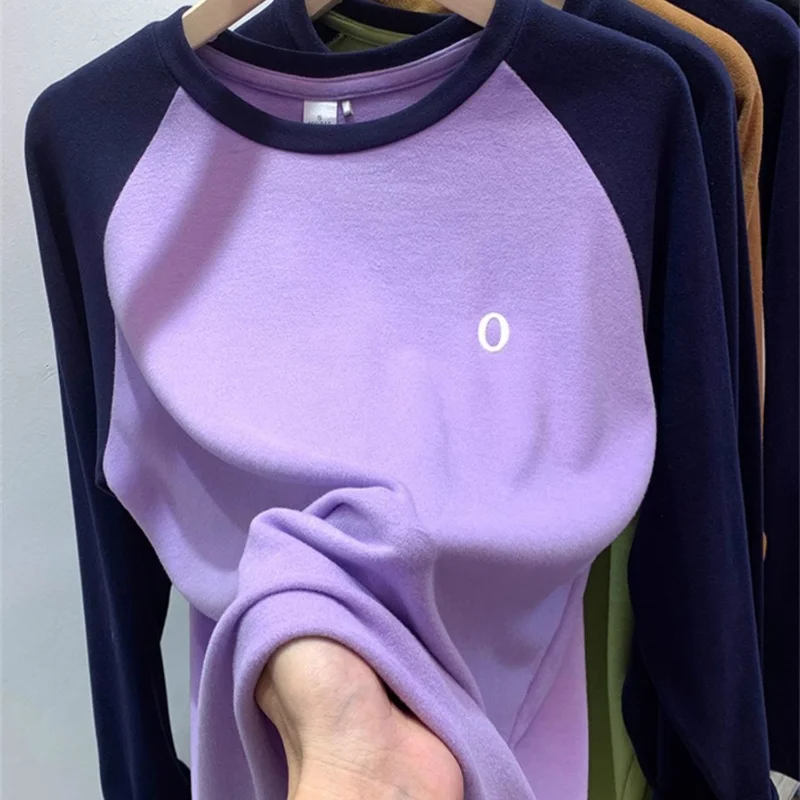 Women\'s Clothing Long Sleeve Round Neck Contrast Color Letter Embroidered Fashionable Casual Loose T-shirt Spring Autumn Tops