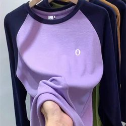 Women's Clothing Long Sleeve Round Neck Contrast Color Letter Embroidered Fashionable Casual Loose T-shirt Spring Autumn Tops