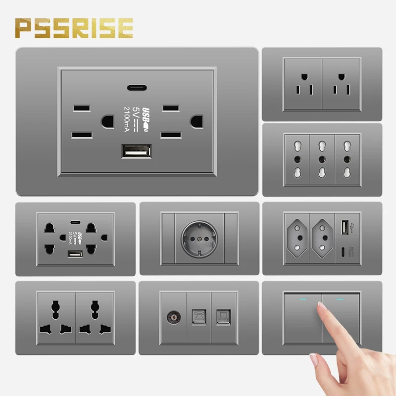 

PSSRISE 118 Type Brazil EU US A18 Wall Socket 5V 2.1A USB Type-c Charger Power Outlet PC Panel Light Switch TV Computer Socket