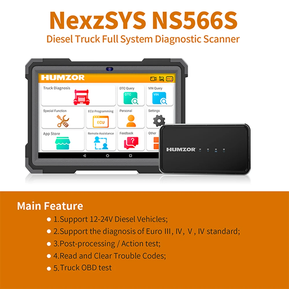 

Humzor NS 566S Heavy Truck Diagnostic Tools Diesel OBD2 Scanner Full System 9 Reset Service ABS/DPF/Odometer Adjustment