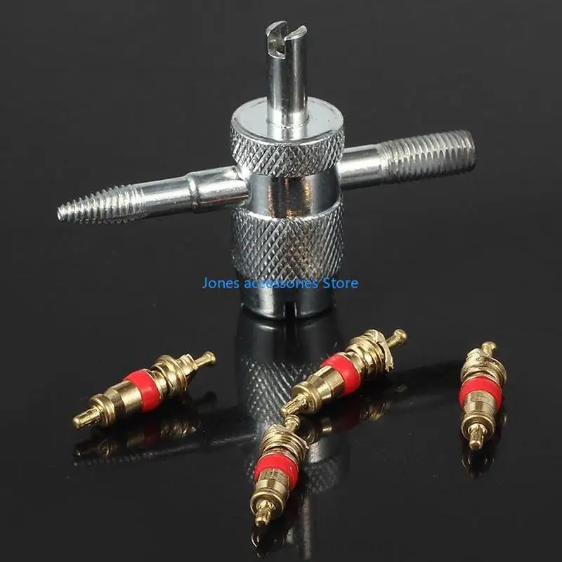 W8KD Car Bike 4 Way Tyre for Valve Repair Standard Tire Remover Tool + 4 Stem Cores K - Image 5