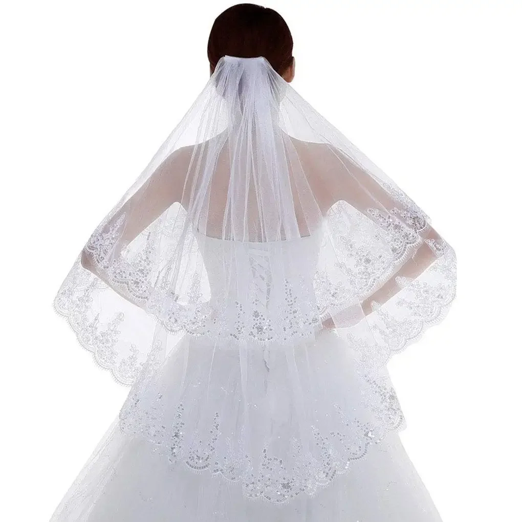 

Women's Sequins Edge Bride Wedding Fingertip Length Two-Tier/2T Lace Bridal Hair Accessories Tulle Veil