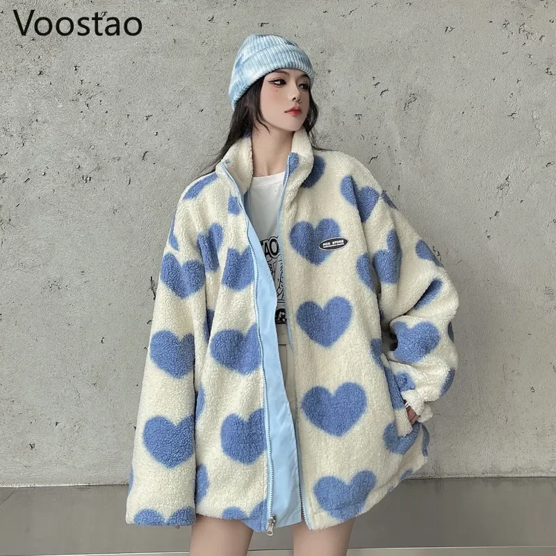 Autumn Winter Women Korean Loose Heart Shaped Print Jackets Wear On Both Sides Thicked Lamb Wool Coats Female Harajuku Parkas