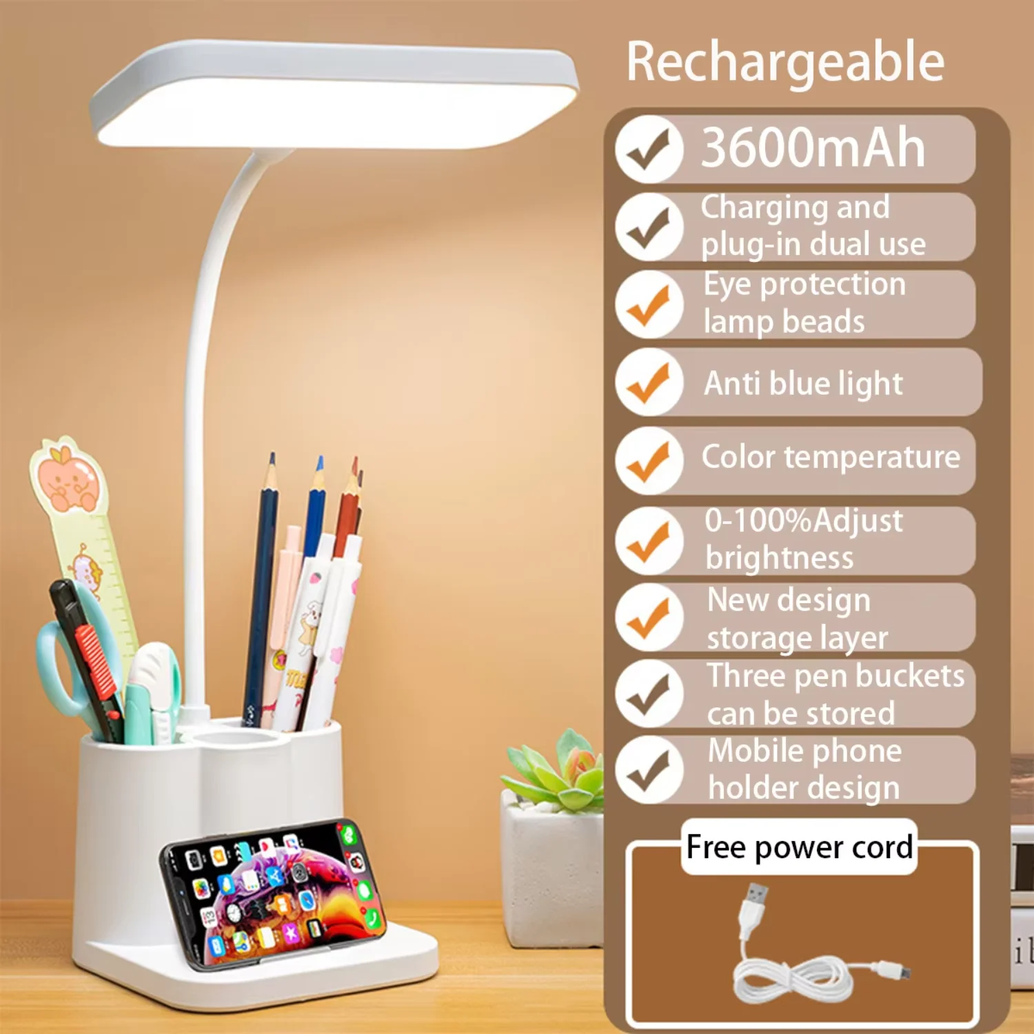 

USB Rechargeable Table Lamp Learning Dormitory Bedroom Bedside Night Light Eye Protection 3 Levels Dimmable Desk Lamp