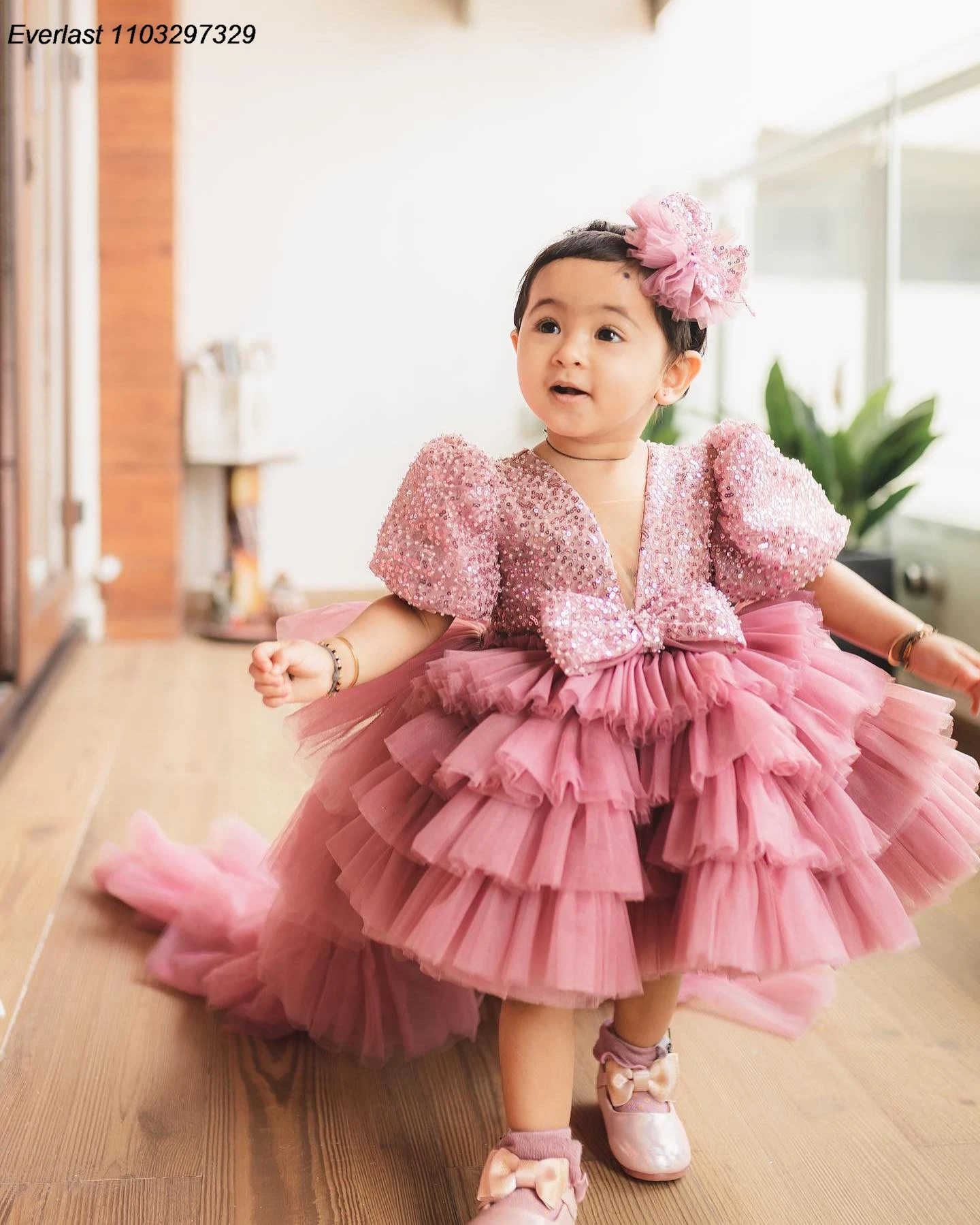 Evlas Roze Hoge Lage Pailletten Bloemenmeisjesjurk Voor Bruiloftsgelaagde Kinderfeestmeisjes Optocht Verjaardagsjurk Voor Fotoshoot Tfd143