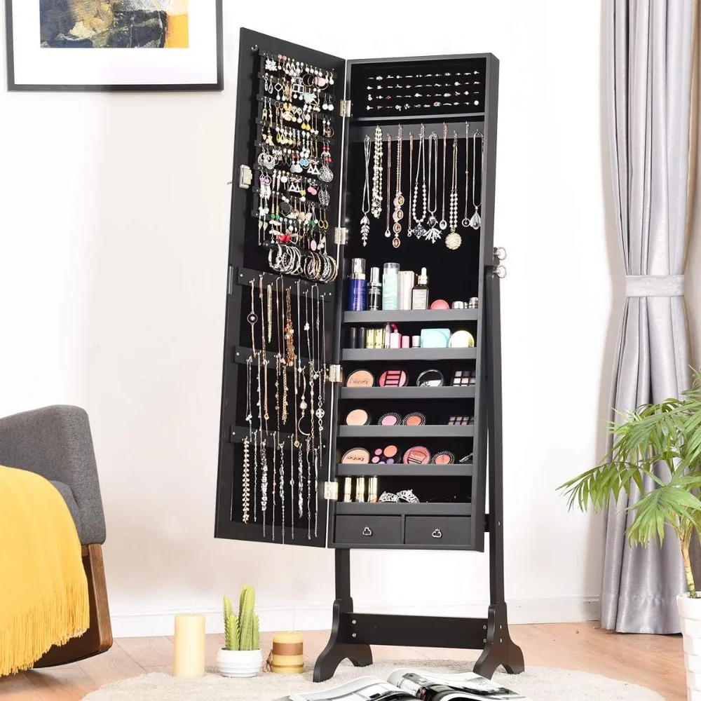 Lockable Standing Jewelry Armoire with Full Length Mirror, Large Storage Capacity Jewelry Cabinet Organizer with 2 Drawers