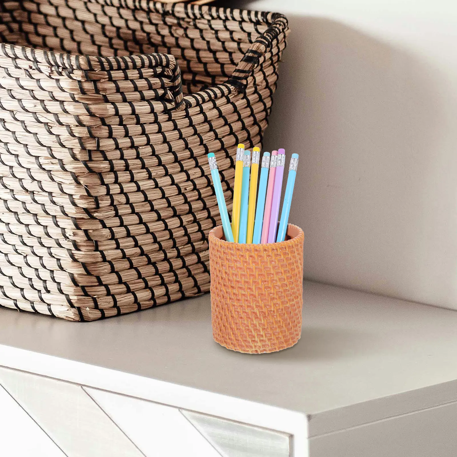 Faux Rattan Pen Decorative Holder Flower Vase Holder For Desk Pen Storage Autumn Desk Decor Multifunctional Desktop