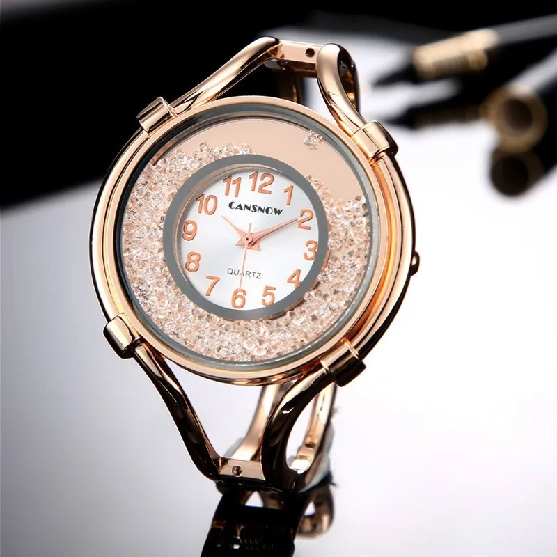 Elegant Gold Wrist Watches Fashion Minimalist Quartz Watches for Lady Rhinestone Bangle Hand Women Watches