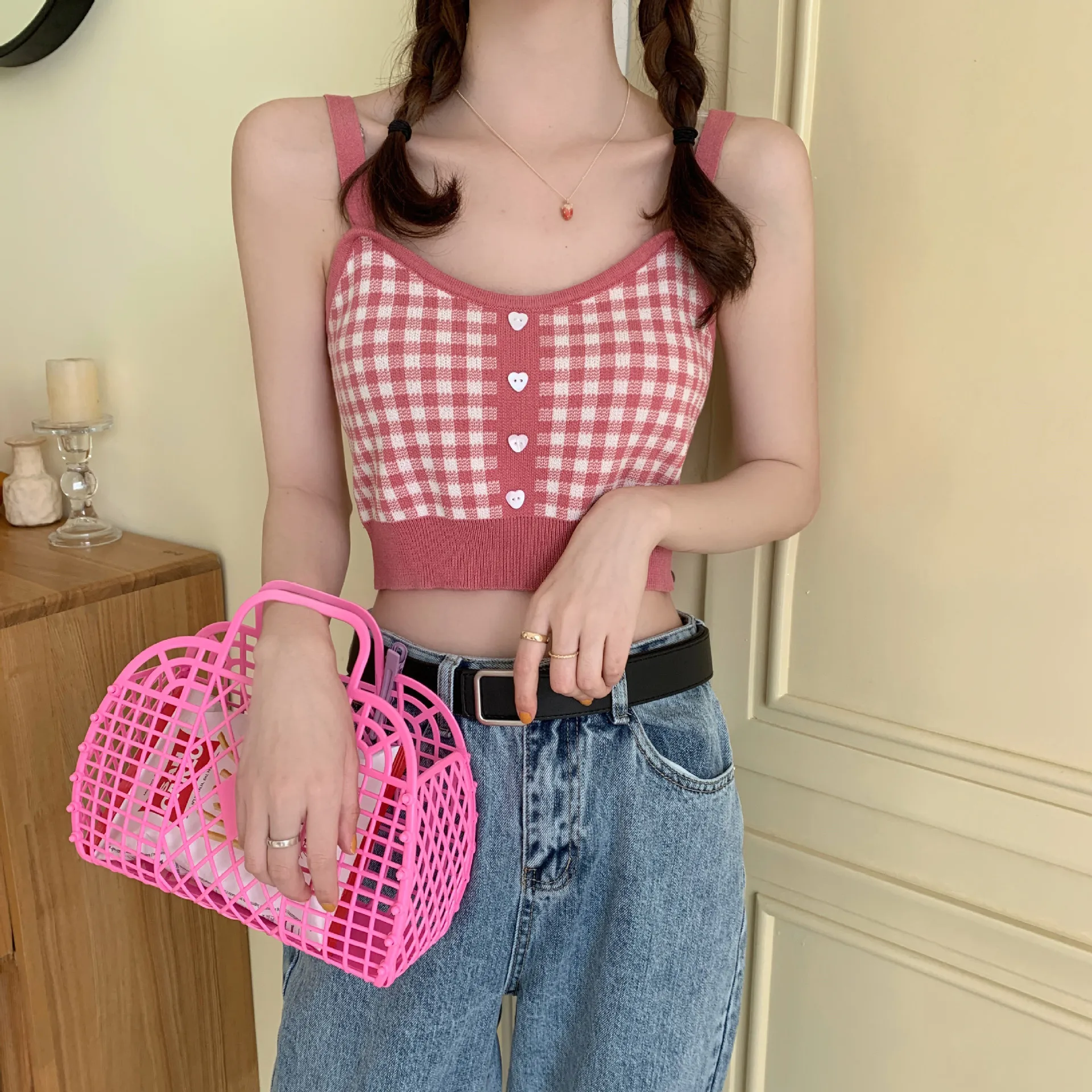 

Fashion Korean Summer Beach Vest Plaid Knit Crop Tops Womens Sleeveless V Neck Button Sweater Cute Elastic Tank Knitwear Shirts