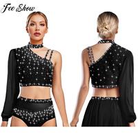 Womens Asymmetrical Latin Lyrical Dance Performance Costume Rhinestone Mesh Crop Top with Skirts Long Sleeve Modern Dance Wear