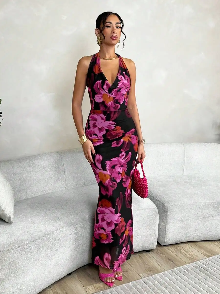 

Halter Cowl Collar Floral Print Mesh Mermaid Dress For Women Summer Elegant Evening Gown