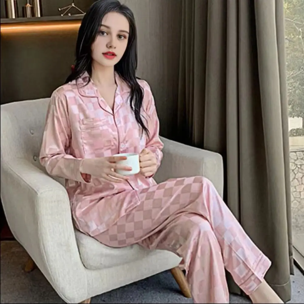 

Women's Stripe Print Satin Casual Pajama Set Short Sleeve Buttons Lapel Top & Pants Comfortable Relaxed Fit Summer Nightwear