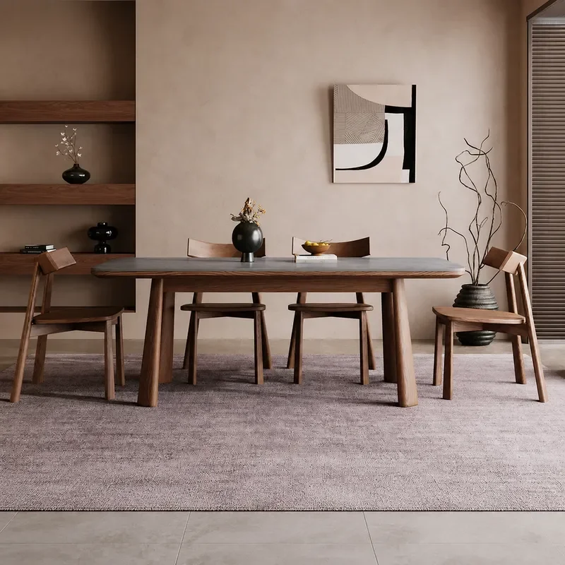 Rectangular Rock Slab Dining Table High End Solid Wood Walnut Color Household Furniture Modern Light Luxury Style