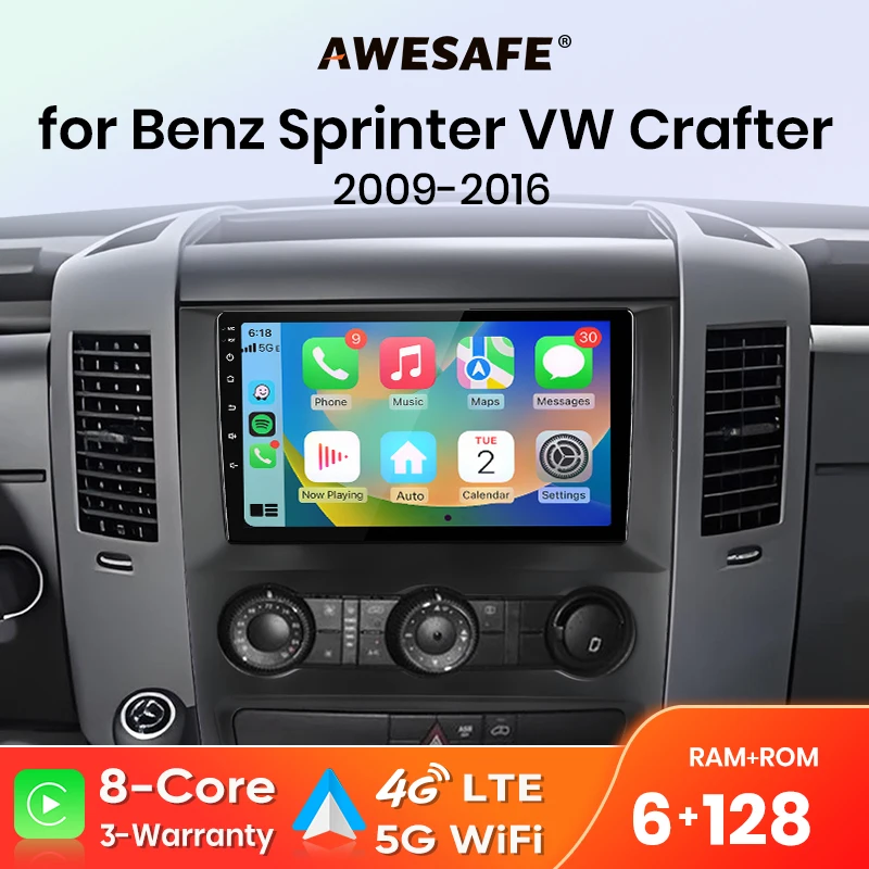 Autoradio sans fil AWESAFE CarPlay Android Auto pour Mercedes Benz Sprinter W906 VW Crafter 2006-2018 Plug & Play FM BT DSP GPS SWC
