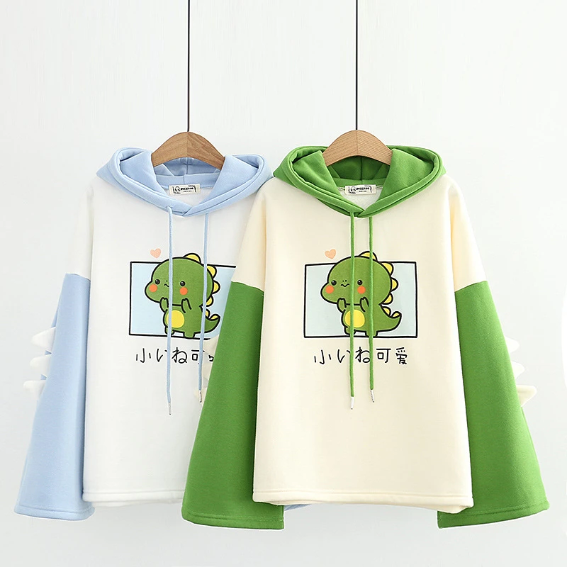 

2024 Japanese Style Fresh And Cute Cartoon Dinosaur Print Autumn And Winter Loose Plush Warm Hooded Student Hoodie For Women