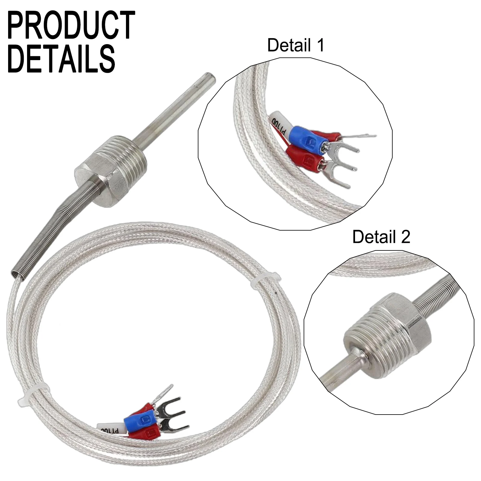 Pt100 Ohm Probe Sensor L 50mm PT NPT 1/2'' Thread W/ Insulation Wire Stainless Steel Probe Temperature Sensor Parts Power Tools