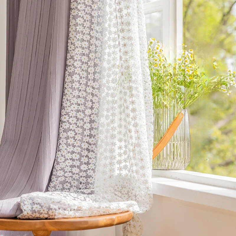 

French embroidery stitching wrinkled and blackout small daisy lace curtains Curtains for Living dining room bedroom