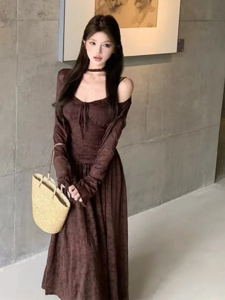 

Y2K Two Piece Set: Vintage Print Slip Dress & Cropped Cardigan, Harajuku Grunge Outfit