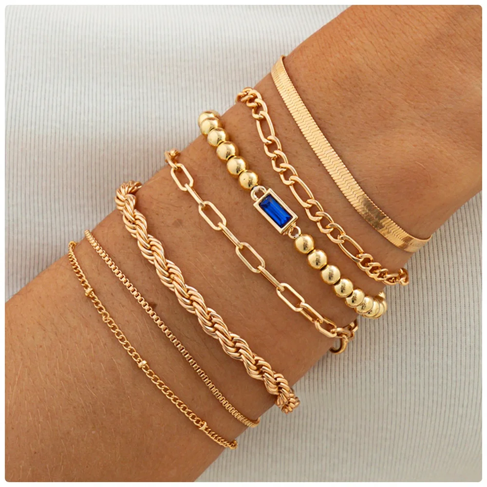 7Pcs Elegant Zircon Charm Bracelet Sets for Women 2026 Vintage Minimalist Multi-Element Twist Chain Metal Bracelets Jewelry