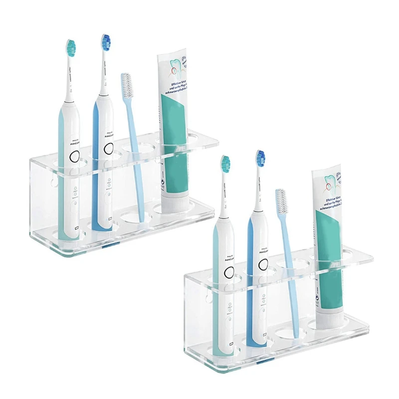 2 ชิ้นติดผนังผู้ถือแปรงสีฟันไฟฟ้า 4 ช่องอะคริลิคยาสีฟันยาทําความสะอาดจัดเก็บยืนผู้ถือแขวนชั้นวาง