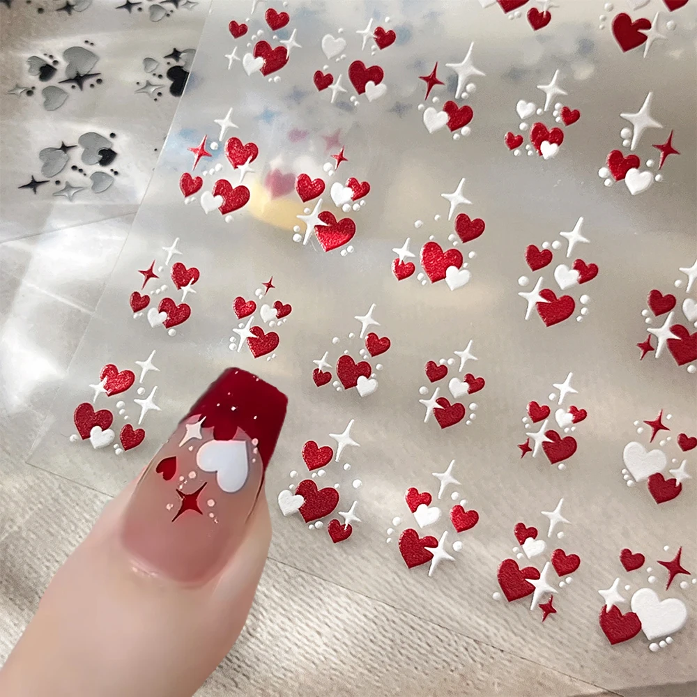 3D San Valentino Amore Cuore Nail Art Sticker Rosso Bianco Croce Stelle Autoadesivi Decalcomanie per unghie 8 * 10 cm Kawaii Cuore Nail Sticker