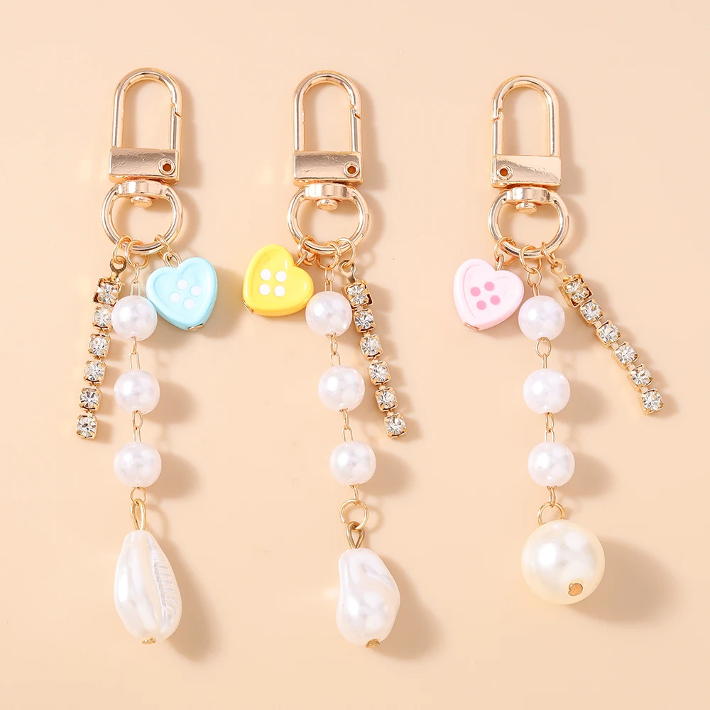 

New Rhinestones Pearl Beaded Keychain Women Girls Love Heart Key Ring Pendant for Handbag Decor DIY Key Chain Jewelry Gift