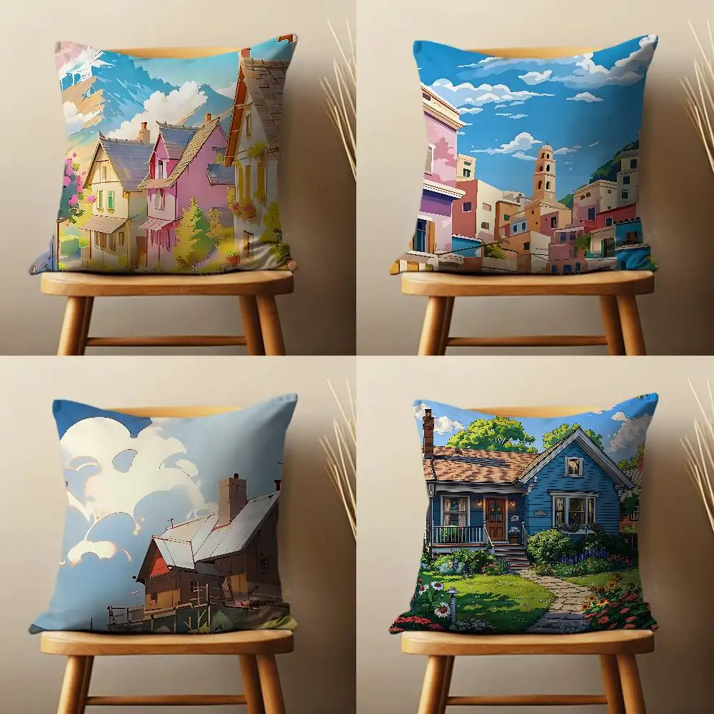 

Scenery Art Painted House Pillow Case For Room Sofa Cushion Cover Suitable For Home Bedroom Decoration And Protector