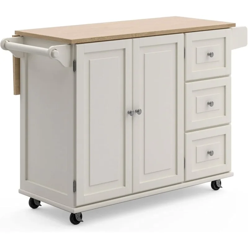 Mobile Kitchen Island Cart with Wood Drop Leaf Breakfast Bar, Off White,Soft White, 54 Inch Width