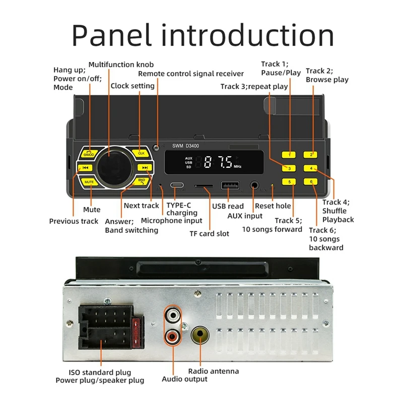 1Set Bluetooth 1 Din MP3 Player Handsfree A2DP Type C USB TF AUX Phone Holder Audio System Head Unit Car Radio