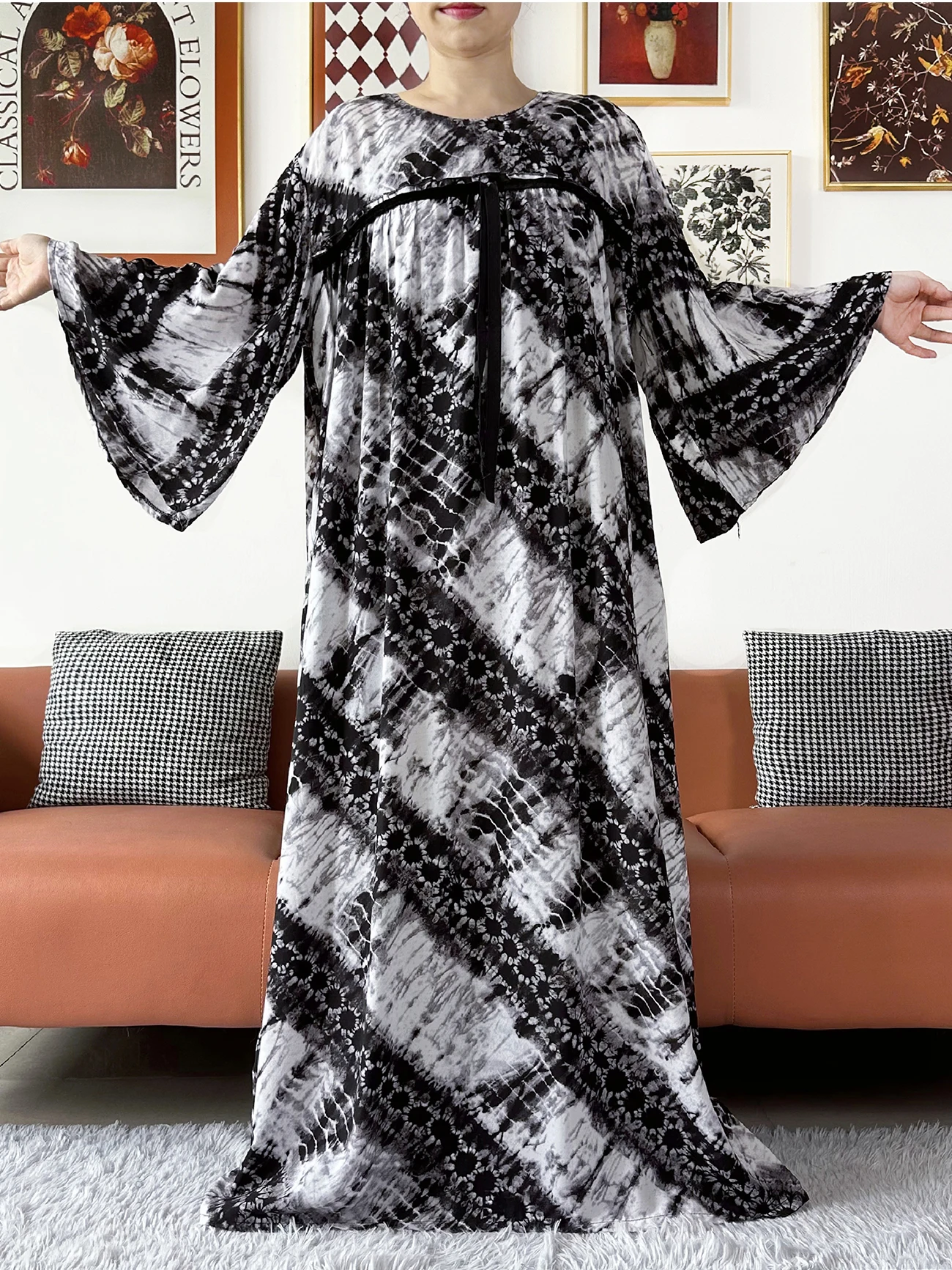 Vestido de Algodão de Manga Longa para Mulheres Africanas, Estampado em Tie-dye, Kaftan Dashiki, Robe Solto e Confortável, Abaya Longa Muçulmana Boudou