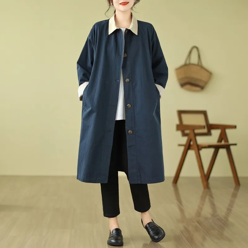 Spring Autumn Korea Fashion Women  Patchwork Turn-down Collar Single Breasted Long Coat All-matched Casual Cotton Trench P306