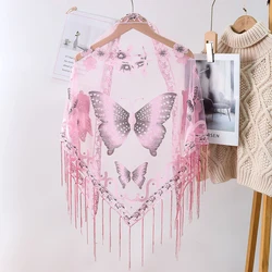 New Elegant Tassel Triangle Scarf Fashion Solid Color Hollow Lace Butterfly Embroidered Triangular Shawl Scarf For Women