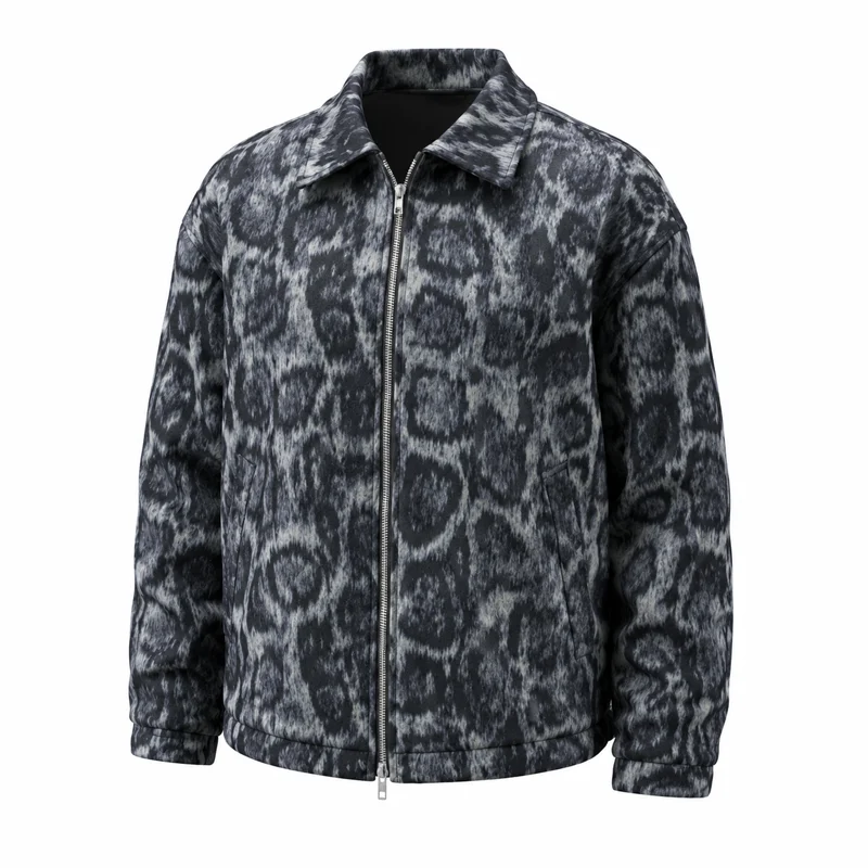 Herrenjacke mit Leopardenmuster und Reißverschluss, Streetwear, lässiger Schnitt, lockere Passform, Tiermuster, modische Oberbekleidung. – Detail 2