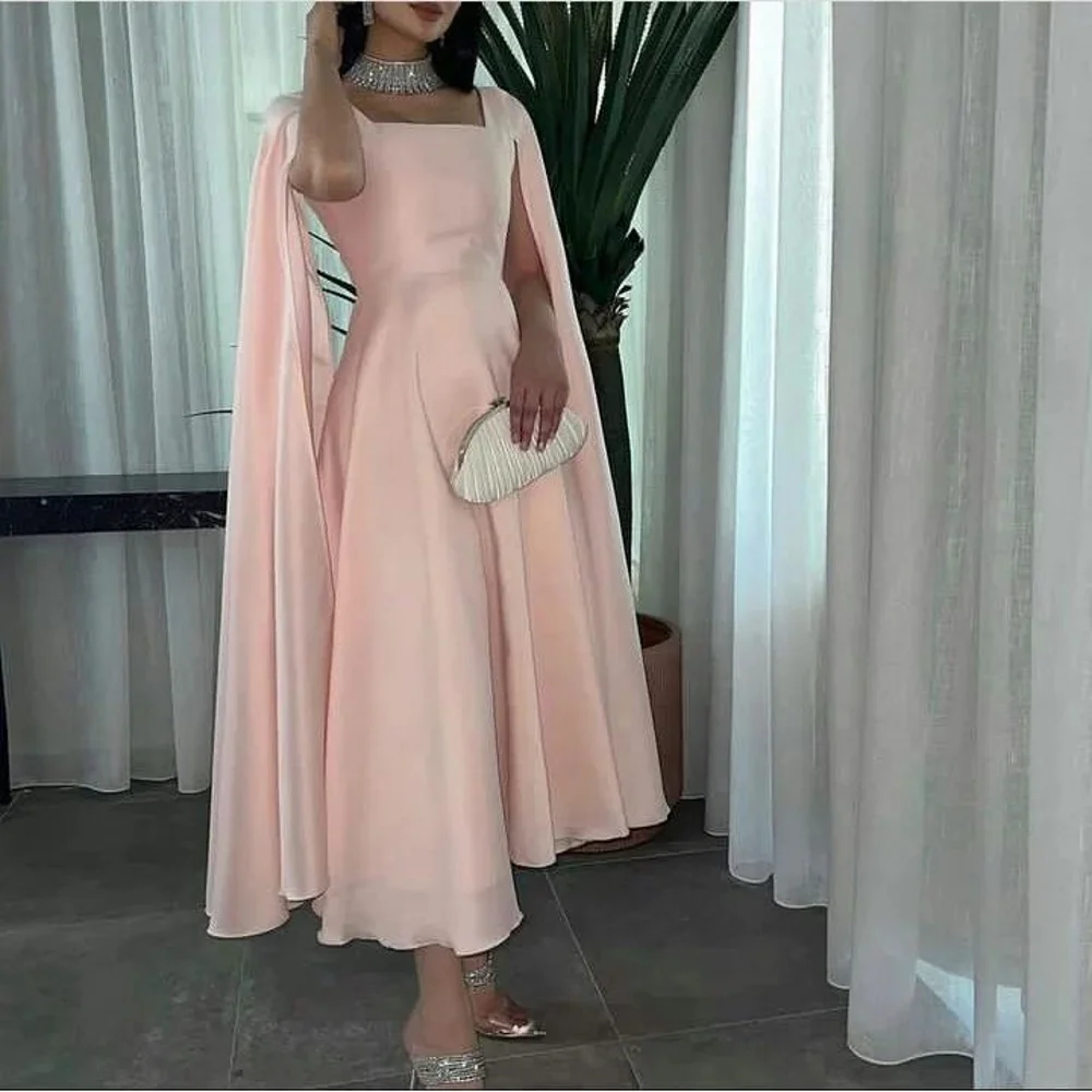 Elegant Pink Chiffon Square Collar Robe De Soirée Evening Gown Formal Party Dress Simple A-Line Prom Dresses Custom Made 2023