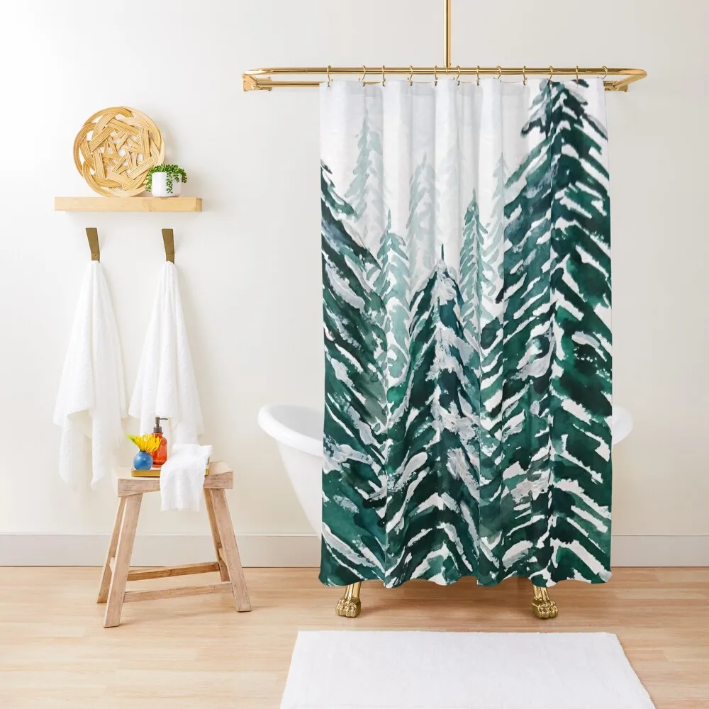 

snowy pine forest green Shower Curtain For The Bathroom Luxury Bathroom Waterproof Fabric Shower Curtain